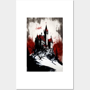 Ink Painting of A Castle On A Hill Posters and Art